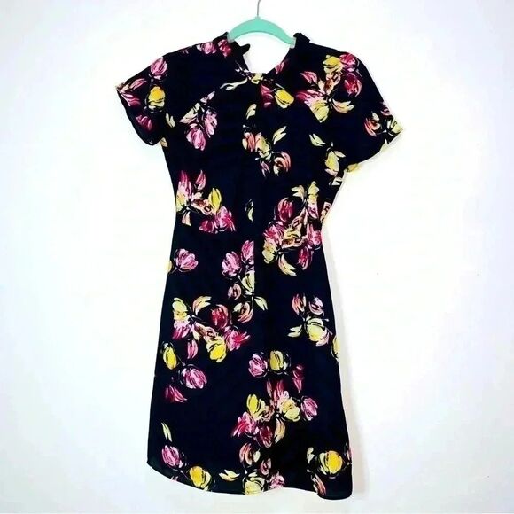 Banana Republic Navy Blue Floral Cutout Twist Neck Fit Flare Dress Size 2Petite - Picture 1 of 7